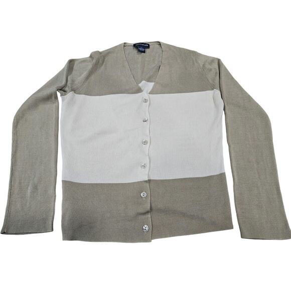 Ann Taylor Sweaters - Ann Taylor 100% Silk Striped Beige Tan White Cardigan Sweater Women's Size S